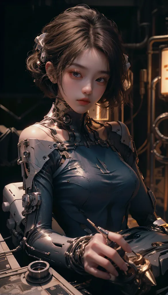 The image is a portrait of a young woman with short brown hair and brown eyes. She is wearing a black leather bodysuit with metal accents and has a number of cybernetic enhancements, including a metal arm and a cybernetic eye. She is sitting in a dark room with a number of steampunk accessories around her and is holding a pen in her hand.