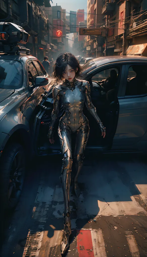 A woman with dark hair and silver skin stands in the middle of a busy street. She is wearing a tight silver bodysuit with a high collar. The bodysuit has several metallic attachments, including a large one on her chest. The woman's eyes are dark and her expression is serious. She is standing next to a black car. There are several other cars parked on the street, as well as a few people walking around. The background of the image is a city with tall buildings and a lot of traffic. The image is rendered in a realistic style and the details are very sharp.