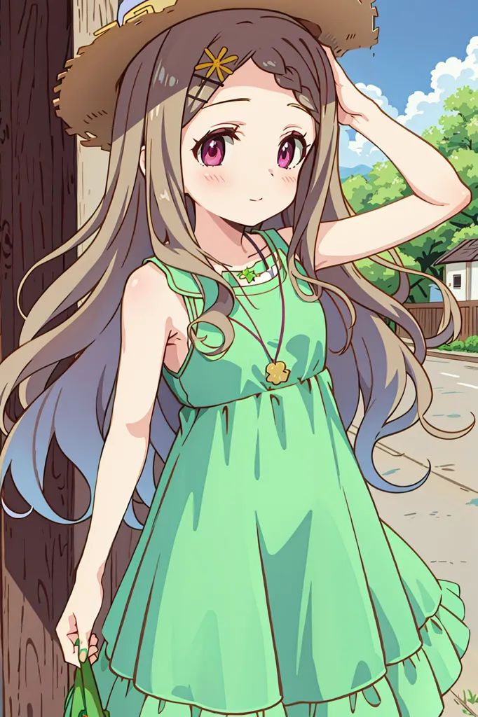 The image shows a girl wearing a green dress and a straw hat. She has long brown hair and purple eyes. She is standing in a rural setting, with a road, trees, and houses in the background. The girl is smiling and looks happy.