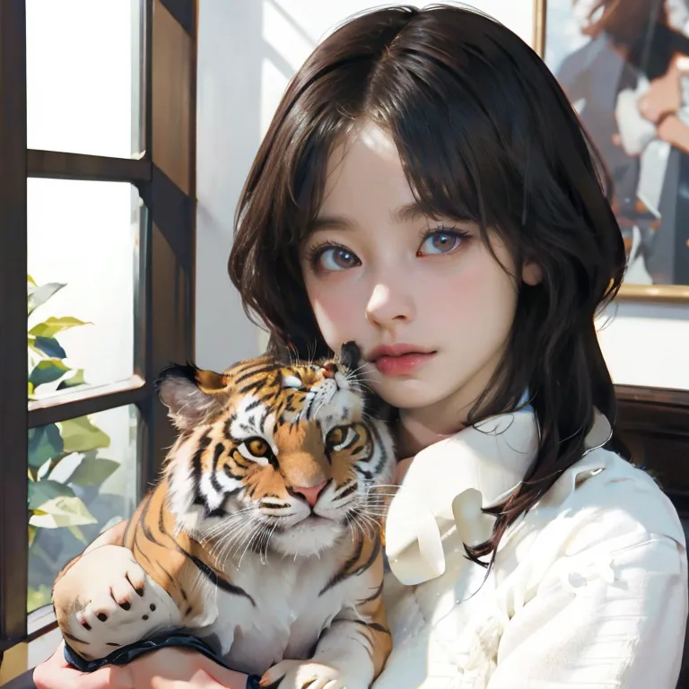 The image shows a young woman with long dark hair and light purple eyes. She is wearing a white blouse with a ruffled collar. She is sitting in a room with a window in the background. There is a tiger cub in her arms. The tiger cub is resting its head on the woman's shoulder. The woman has a gentle expression on her face. The image is warm and inviting.