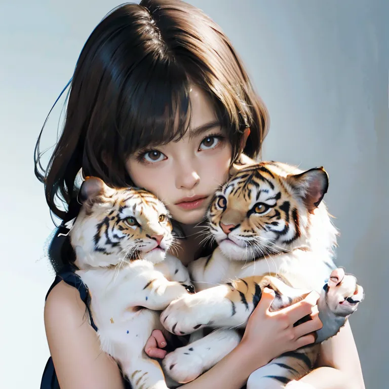 The picture shows a young woman with long brown hair and brown eyes. She is wearing a white shirt and is holding two tiger cubs in her arms. The tiger cubs are both looking at the camera. The background is a light blue color.