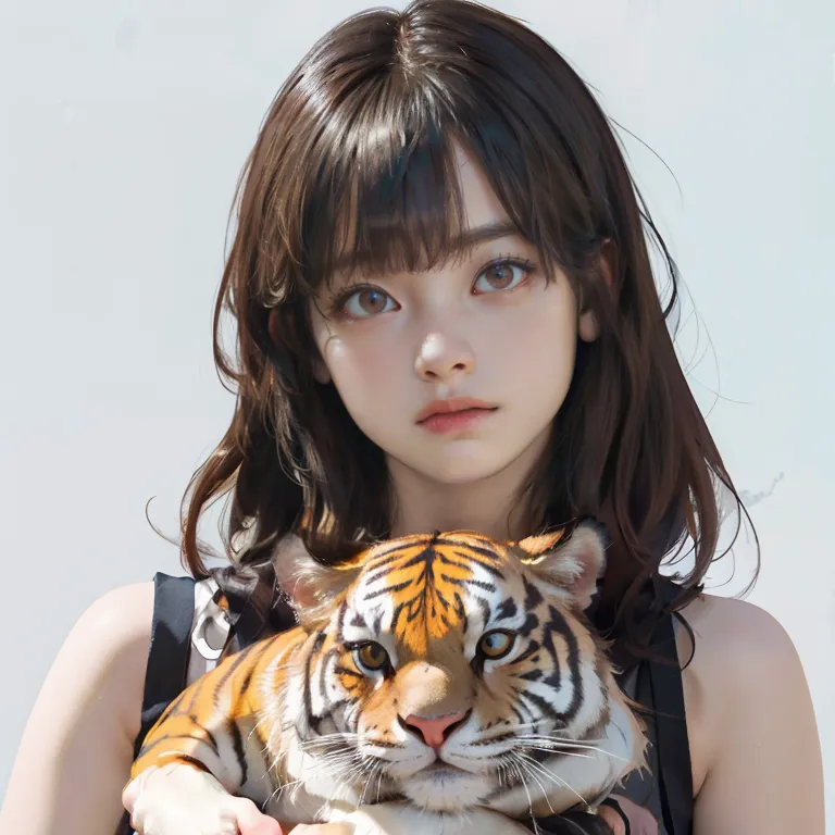 The image is a portrait of a young woman with long brown hair and bangs. She is wearing a black tank top and has a tiger cub in her arms. The tiger cub is looking at the camera while the woman is looking at the tiger cub. The background is a white wall.