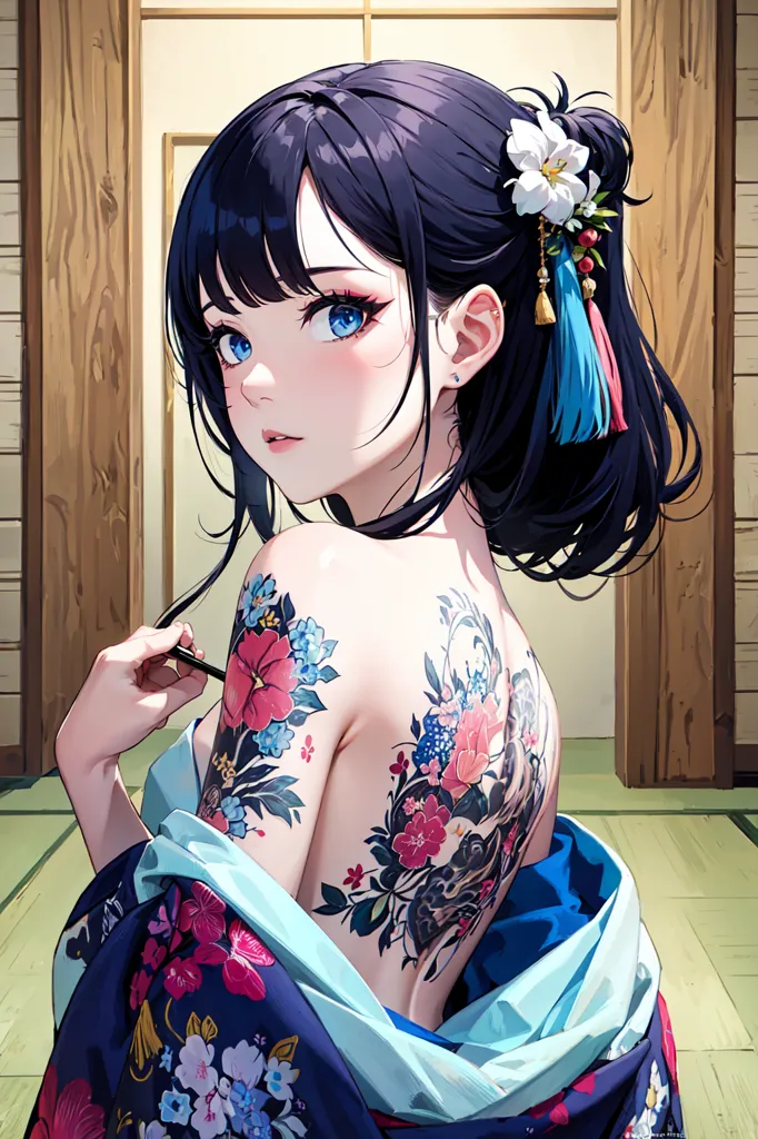 A imagem é de uma jovem mulher com cabelos pretos longos e olhos azuis. Ela está usando um quimono japonês tradicional com um padrão floral e tem uma grande tatuagem nas costas que retrata um dragão e flores. A mulher está em pé em uma sala com uma porta de madeira e um piso de tatami.