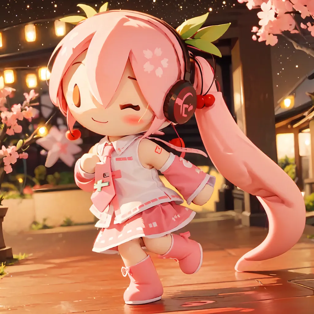 The image is of an anime-style girl with pink hair and green eyes. She is wearing a white and pink outfit and has headphones on. She is standing in a street with cherry blossoms falling around her. The background is a blurred image of a Japanese street with traditional buildings and lanterns. The girl is smiling and has her eyes closed.