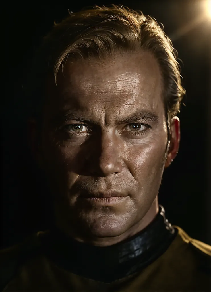 This is a photo of William Shatner, who played Captain Kirk in the original Star Trek series. He is looking at the camera with a serious expression. He is wearing a yellow and black uniform. The background is black with a spotlight on his face.