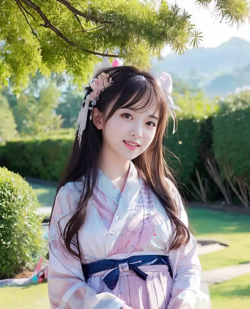 The image shows a young woman wearing a traditional Chinese dress, or Hanfu, with a pink and blue floral pattern. The dress has a white collar and is tied with a blue ribbon at the waist. The woman has long, dark hair with bangs and is wearing a pink and white hairpiece with cat ears. She is standing in a garden with green trees and bushes and is smiling at the camera.