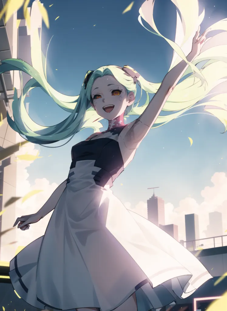 The image is of a young woman standing on a rooftop, with a cityscape in the background. She is wearing a white dress and has long green hair. She has her arms raised in the air and is smiling. The image is drawn in a realistic style and the colors are vibrant. The background is blurred and the woman is in focus.