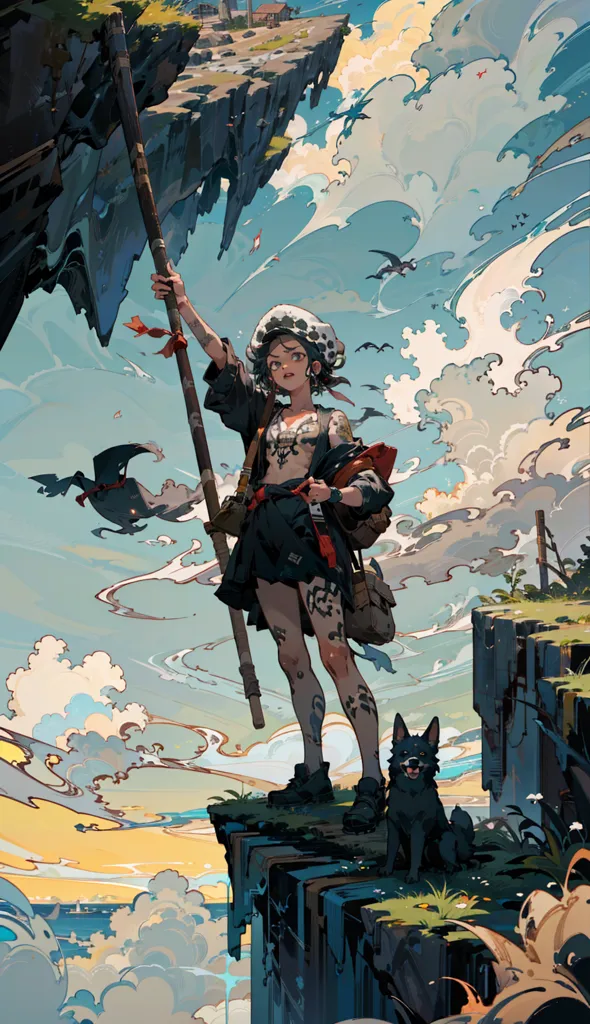 A young woman is standing on a cliff, holding a staff in her hand. She is wearing a hat, a short skirt, and a jacket. She has a dog with her. The background is a stormy sky with clouds and birds flying around. The woman is looking down at the sea below. She has a determined expression on her face.