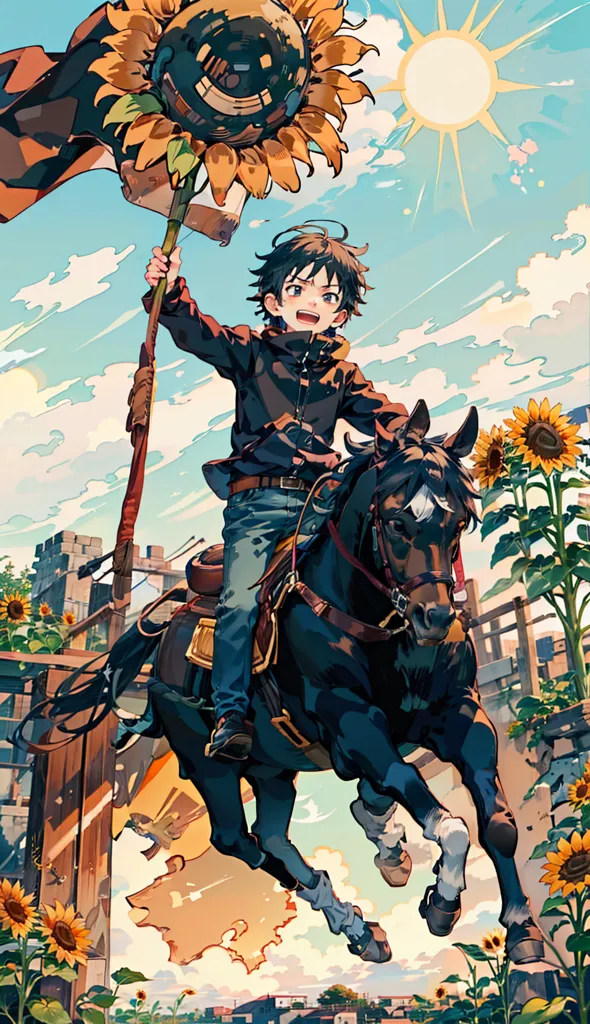 This image shows a boy with short brown hair and blue eyes. He is wearing a black jacket, blue jeans, and brown boots. He is riding on a black horse and holding a large yellow sunflower in his right hand. The horse is running through a field of sunflowers, and there is a large sunflower field in the background. The sky is blue, and there are some clouds in the distance.