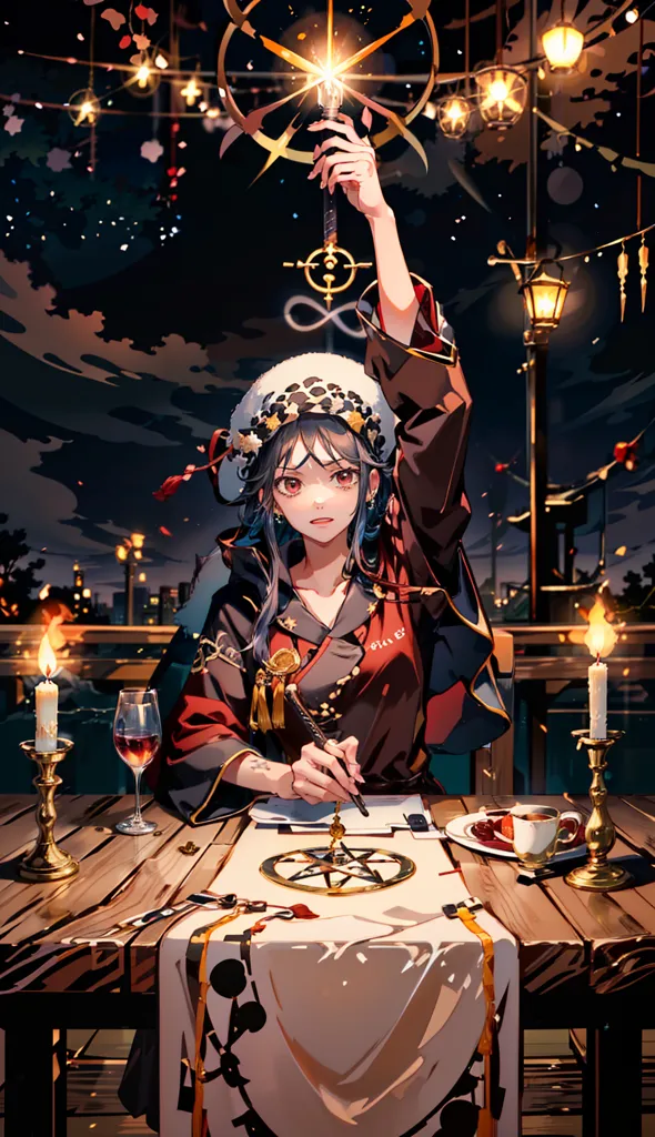 The image is of a young woman in a black and red kimono standing on a balcony at night. She has long black hair and red eyes, and she is wearing a traditional Japanese hat. She is holding a sword in one hand and a pen in the other, and there is a table in front of her with a number of candles and other objects on it. The background is a night sky with a full moon, and there are a number of lanterns hanging from the balcony.