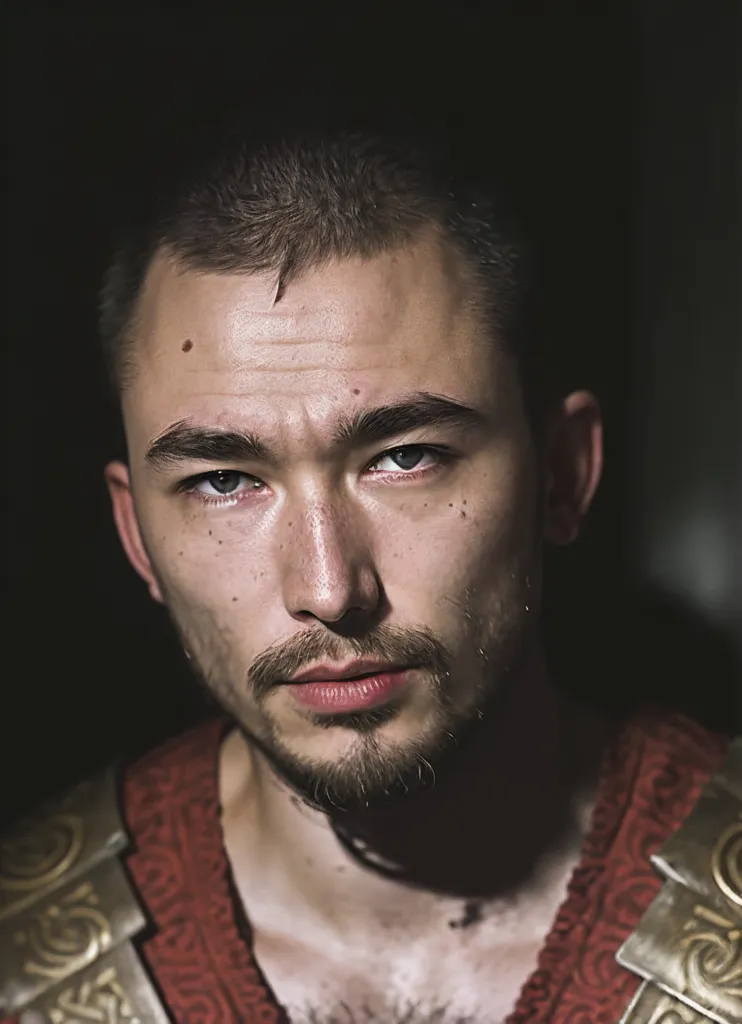 Este es un retrato de un hombre joven con cabello oscuro y ojos claros. Lleva una camisa roja con adornos dorados y tiene una expresión seria en el rostro. También lleva un collar con un colgante en forma de cabeza de lobo. El fondo es oscuro y desenfocado.