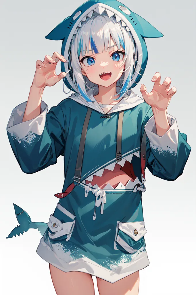 The image depicts a young girl with white and blue hair. She is wearing a shark hoodie with a shark mouth on the front, and her hands are in the shape of shark fins. Her eyes are blue, and she has a small smile on her face. She is also wearing a pair of white shorts.