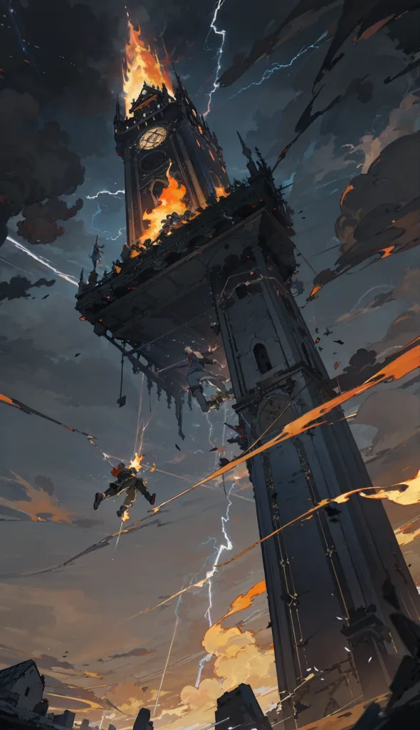 La imagen es una pintura digital de una torre del reloj en llamas. La torre está rodeada de nubes oscuras y relámpagos. Hay dos personas saltando de la torre. La pintura tiene un estilo oscuro y sombrío.