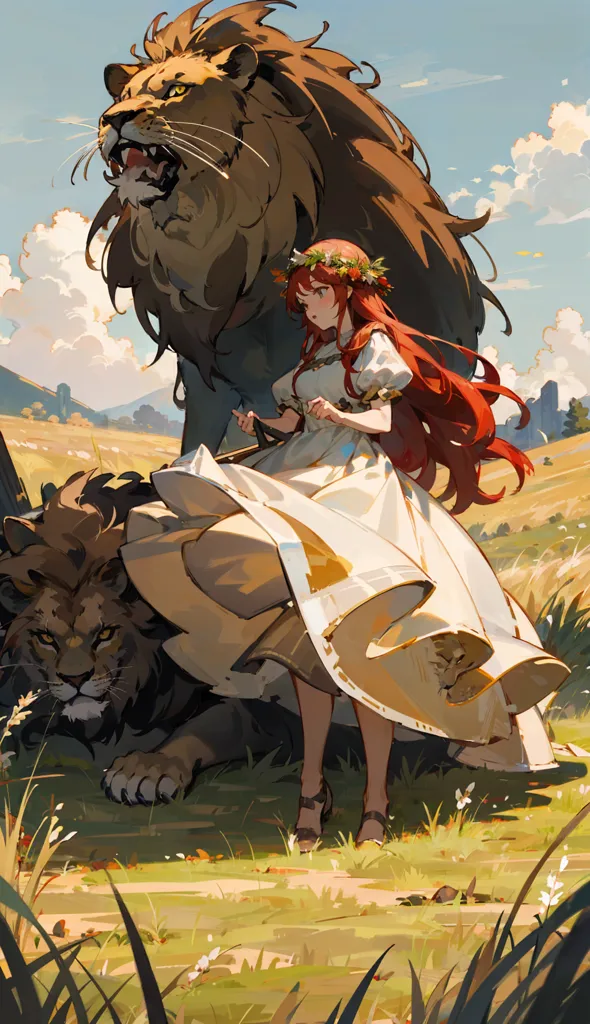 The image is of a woman with long red hair and a white dress standing in a field of grass. She has a flower crown on her head and is holding a staff in her right hand. There are two lions, one behind her and one in front of her. The one behind her is standing on its hind legs and has its paw on her shoulder. The one in front of her is sitting on the ground and has its head resting on her lap. The woman has a serene expression on her face and seems to be enjoying the company of the lions. The background of the image is a grassy plain with trees and mountains in the distance. The sky is blue and there are some clouds in the distance.