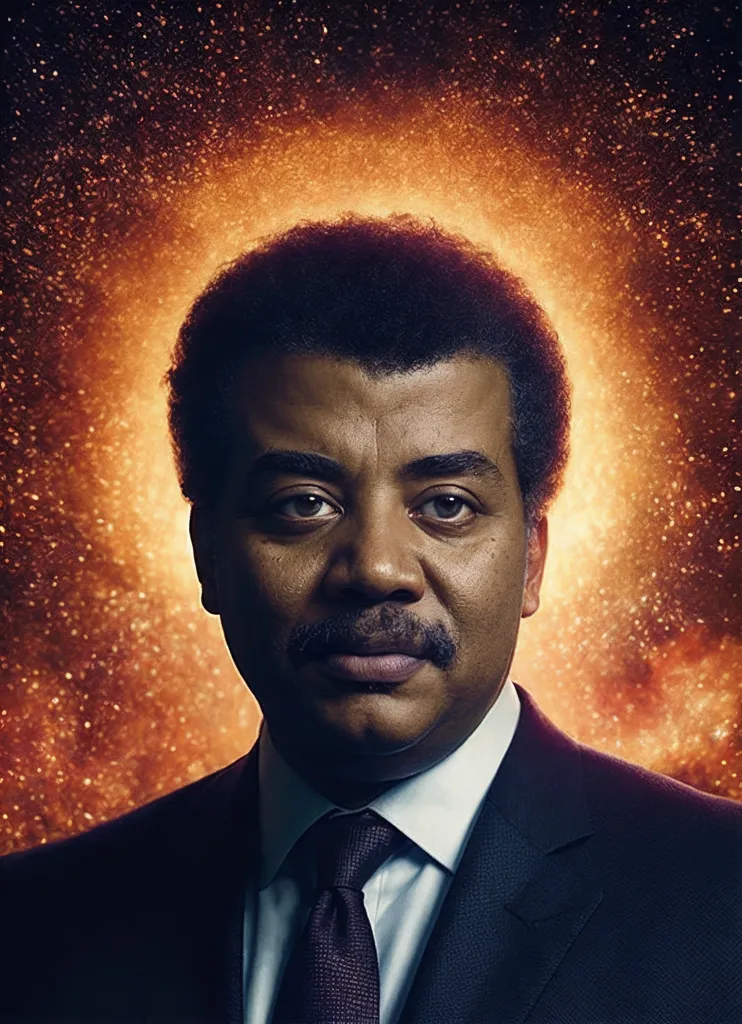 The image shows a headshot of Neil deGrasse Tyson, an American astrophysicist, author, and science communicator. He is known for his work on the television show Cosmos: A Spacetime Odyssey, and for his books such as Death by Black Hole and Astrophysics for People in a Hurry. In the image, Tyson is wearing a dark suit and tie, and has a serious expression on his face. The background is a starry night sky, with bright orange and yellow stars. Tyson is looking at the camera with a thoughtful expression. The image is taken from a low angle, making Tyson appear larger and more imposing. The overall effect of the image is one of intelligence, authority, and gravitas.