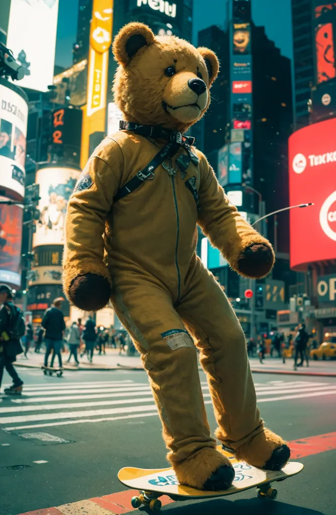 L'image montre une personne vêtue d'un costume d'ours faisant du skateboard dans une rue animée. La personne porte un costume d'ours jaune et brun avec un harnais et ce qui semble être un réservoir d'oxygène sur le dos. Elle porte également un casque. La rue est bordée de grands immeubles et de panneaux publicitaires. Il y a des gens qui marchent dans la rue et une voiture et un bus en arrière-plan. L'ours fait du skateboard au milieu de la rue.