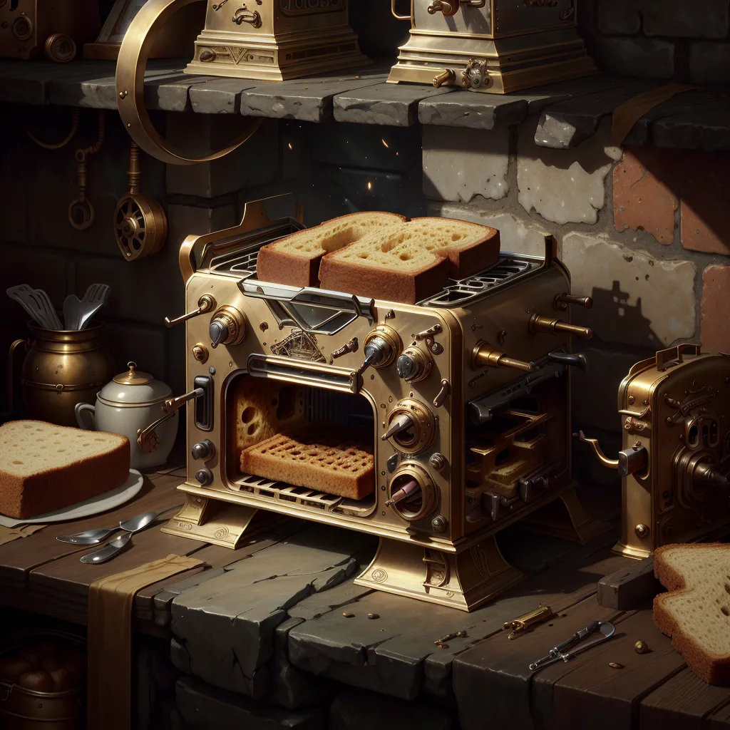 The image shows a steampunk toaster. It is made of brass and has a variety of gauges and levers. There is a loaf of bread and a plate of toast on the table next to it. The toaster is on a table in a stone room. There are shelves on the stone walls with various steampunk gadgets and doo-dads.