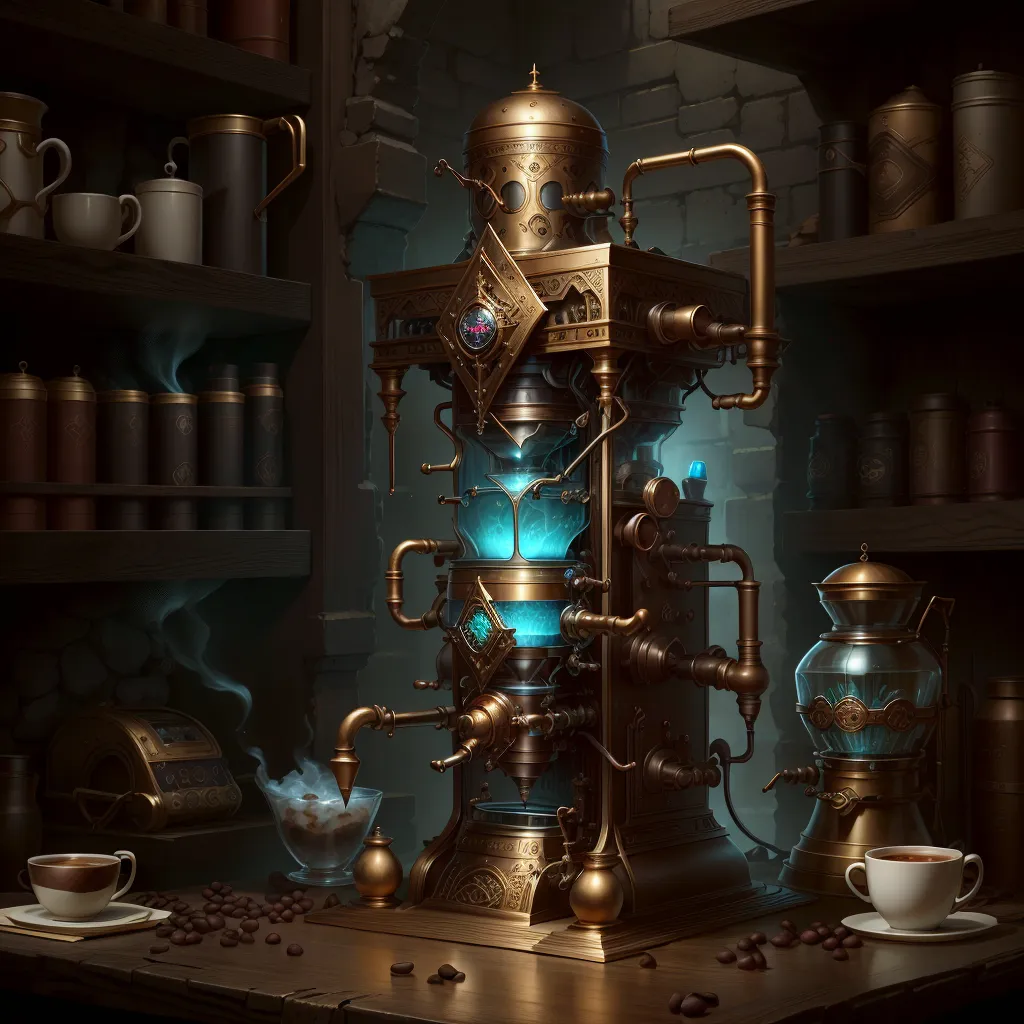 The image is a steampunk coffee machine. It is made of brass and has a large glass globe on top. There are a number of gauges and levers on the machine, and it is surrounded by coffee beans and cups.