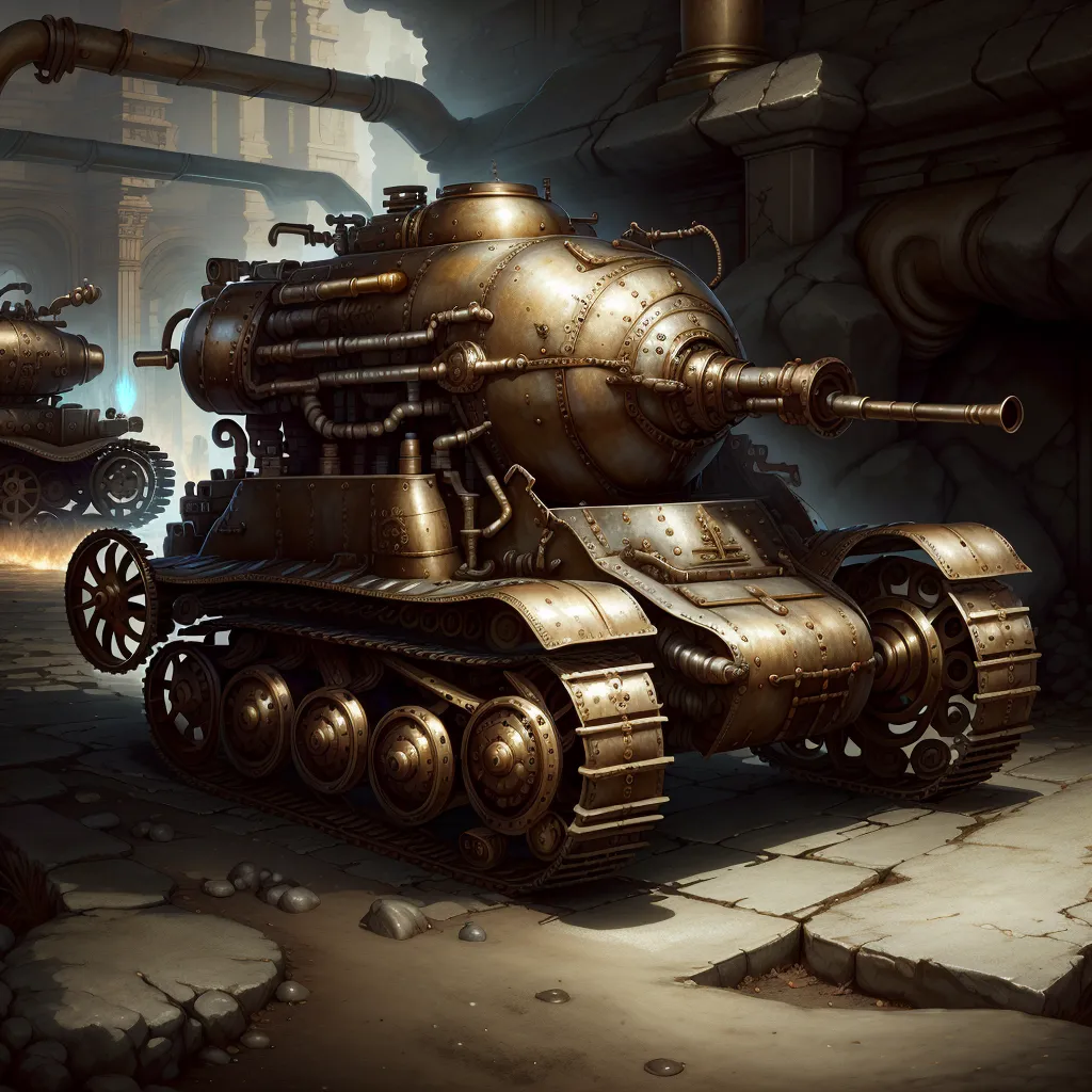 The image shows a steampunk tank. It is made of metal and has a large cannon on the front. There are a number of pipes and rivets on the tank, and it is powered by a large engine. The tank is sitting on a cobblestone street, and there are buildings in the background.