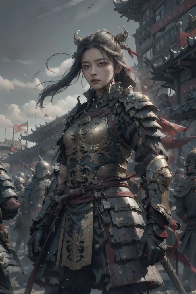 Uma bela mulher jovem em armadura chinesa antiga está em frente a um grande exército. Ela está usando um capacete com chifres e uma capa vermelha. A expressão da mulher é de determinação e coragem. O exército atrás dela está pronto para segui-la para a batalha. No fundo, há um grande portão chinês. O céu está cinzento e nublado.