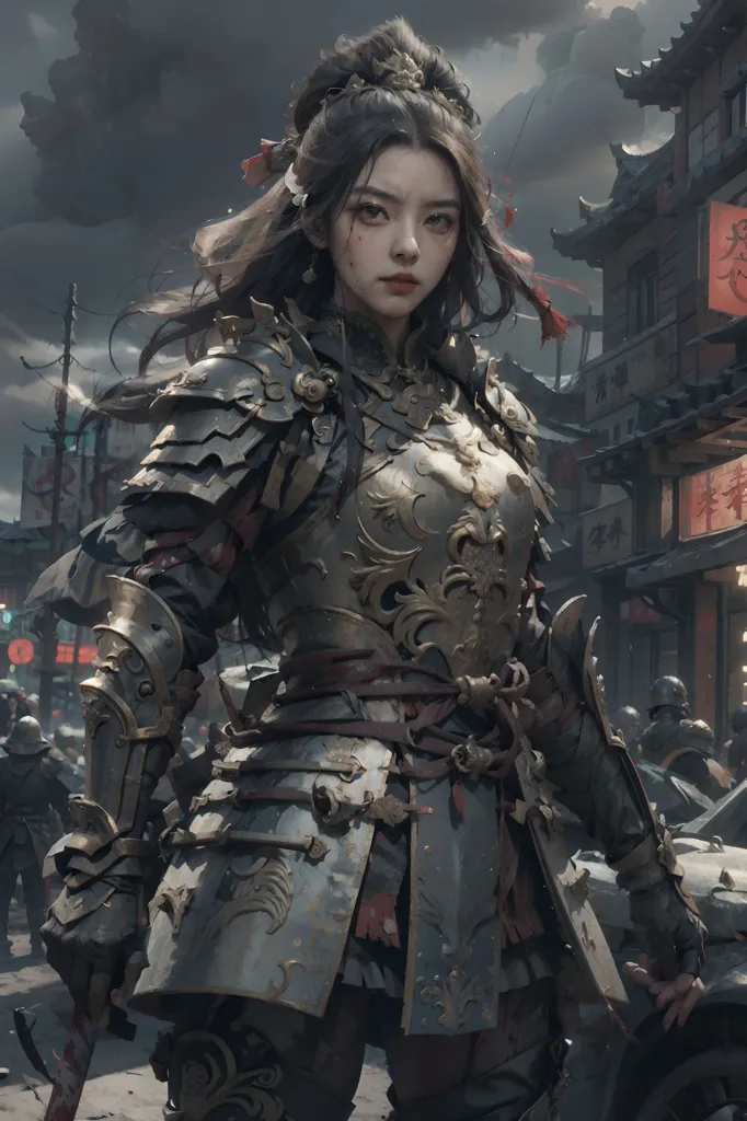 The image shows a young woman in a detailed and intricate suit of armor. The armor is made of metal and has intricate designs on it. The woman has long dark hair and is holding a sword. She is standing in a street with buildings on either side. The sky is dark and cloudy.