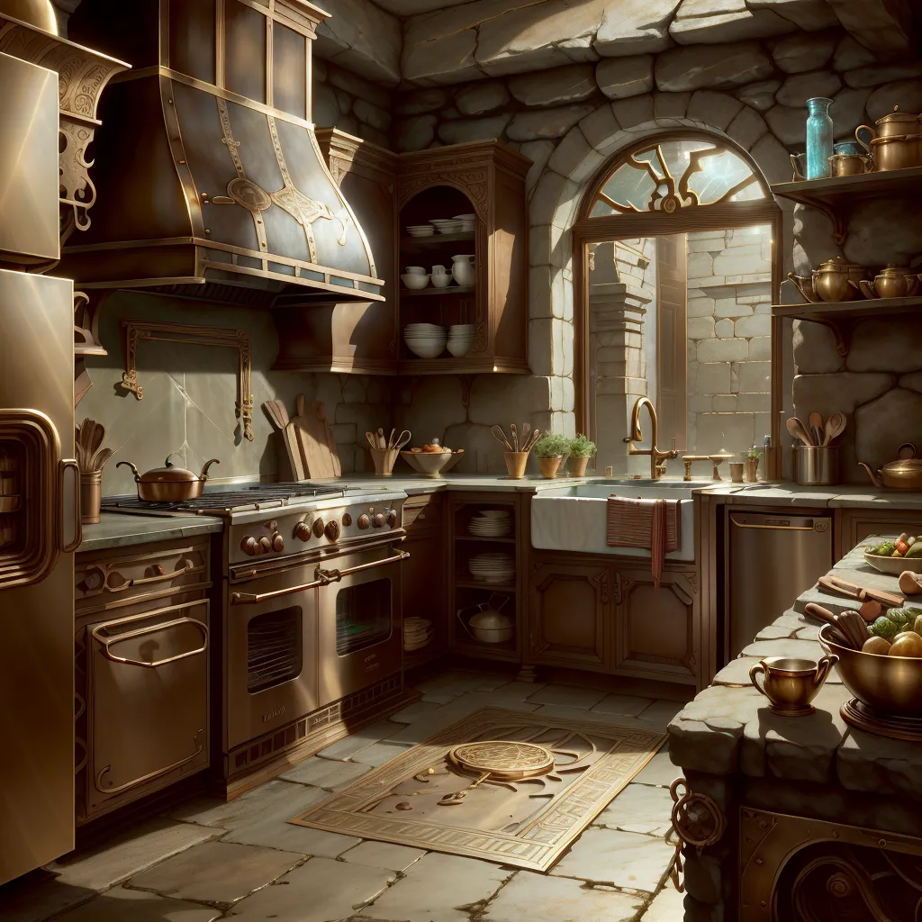 The image shows a kitchen with stone walls and a large window. There is a large stove, a sink, and a wooden table in the kitchen. There are also many shelves and cabinets. On the shelves are various kitchenware and ingredients. The floor is made of stone and there is a rug in the center. The kitchen is decorated with various medieval-themed items, such as a suit of armor and a sword.