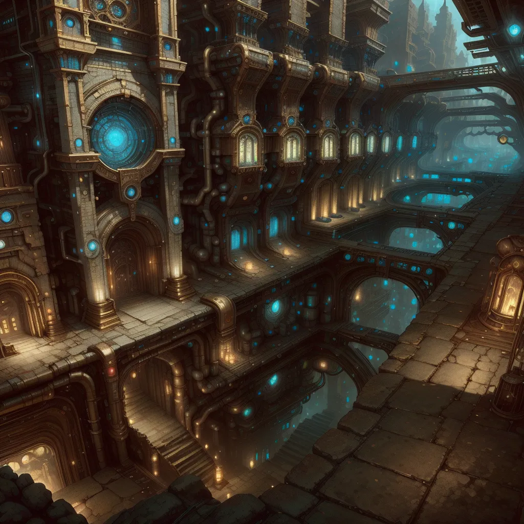 The image shows aampunk city. The city is built on a series of platforms that are connected by bridges and walkways. The buildings are made of a combination of stone and metal, and they are decorated with intricate carvings and sculptures. The city is lit by a combination of natural and artificial light, and the air is filled with the sound of machinery.