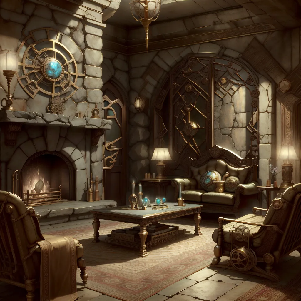 The image is a fantasy tavern. The tavern is made of stone with two large wooden doors and a fireplace. There are several tables and chairs in the tavern, as well as a bar. The tavern is decorated with various steampunk accessories.