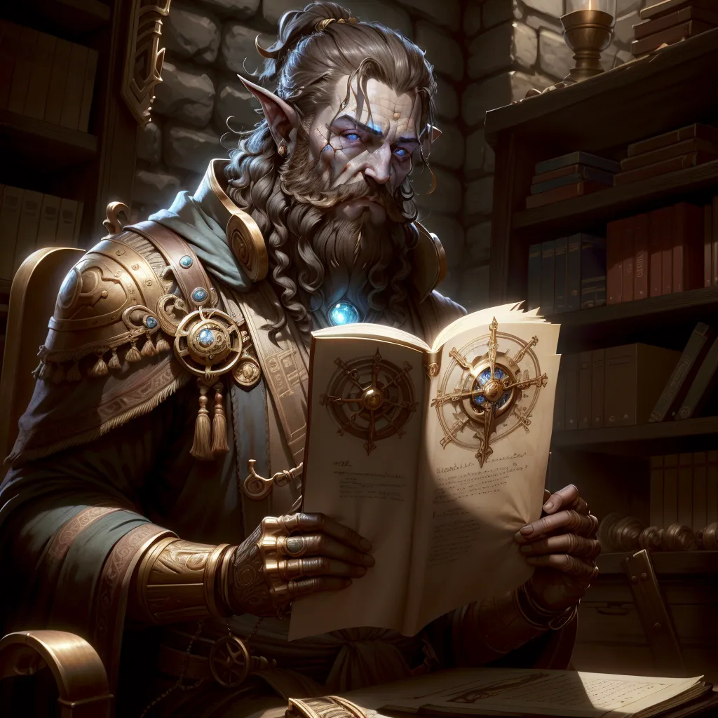 The image shows a male elf in a fantasy setting. He is wearing golden and brown armor and has a book in his hands. The book is open and has a symbol on it. The elf has long brown hair and blue eyes. He is sitting in a library surrounded by bookshelves.