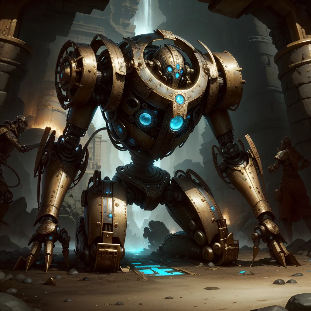 The image shows a large, steampunk robot. It is made of metal and has a round body with a large, glowing blue eye in the center. It has four legs and two arms, each with a claw-like hand. The robot is standing in a dark, underground chamber. There are two small human figures standing in front of it.