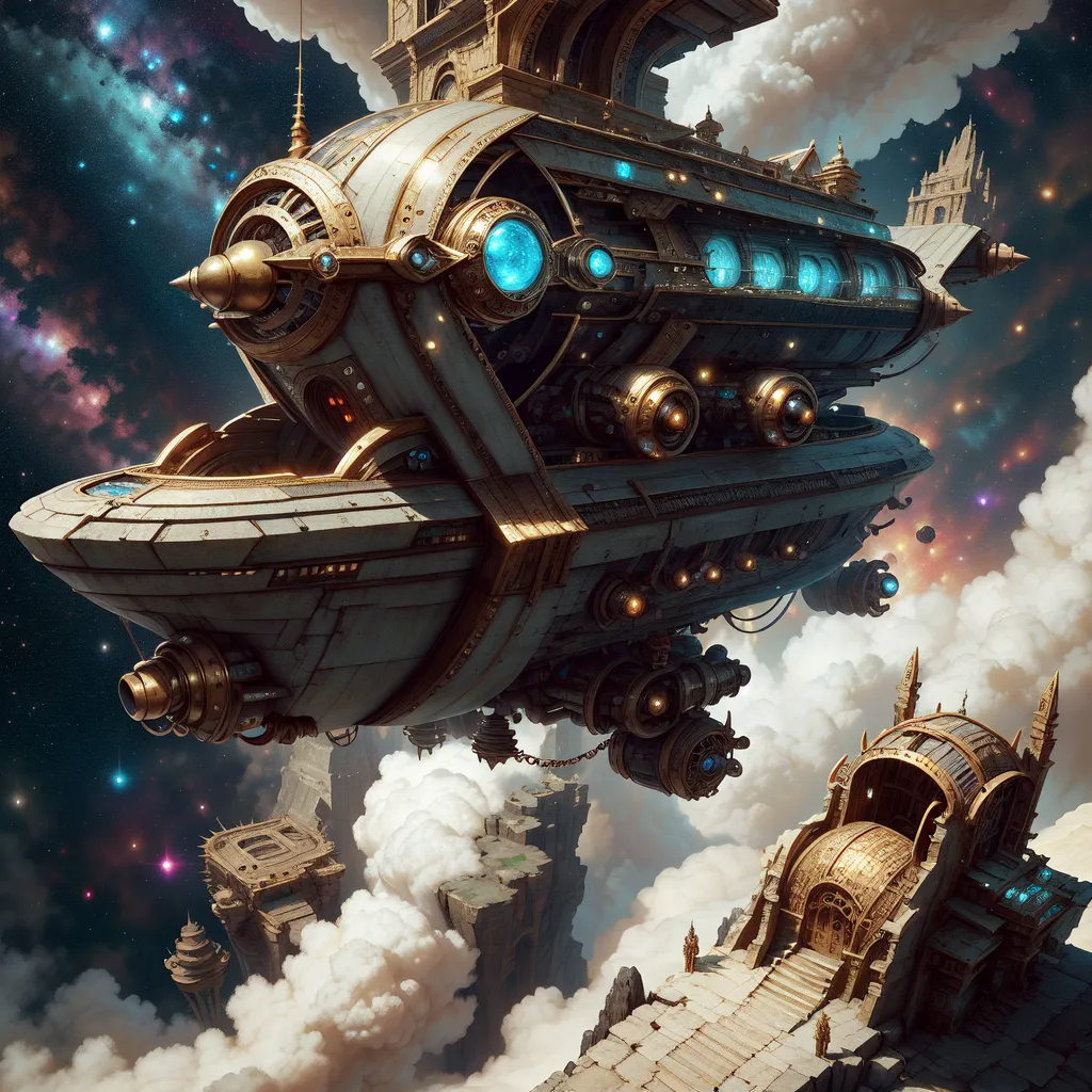 The image is a painting of a steampunk airship. The airship is large and white with gold accents. It has a long, cigar-shaped body with a large engine at the back. The engine is surrounded by a series of gears and pipes. The airship also has a number of wings, which are arranged in a V-shape. The airship is flying in a sky filled with stars and clouds. There is a large, ruined city in the foreground of the image. The city is made up of a series of tall buildings and towers. The buildings are all in disrepair, and some of them are even collapsed. The image is very detailed, and the artist has clearly put a lot of thought into the design of the airship and the c