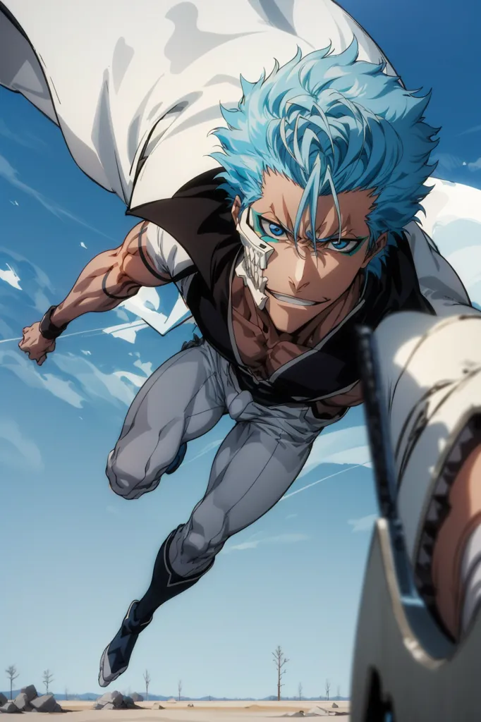 The image contains an anime character with blue hair and green eyes. He is wearing a white coat and black pants. He has a sword in his right hand. He is flying in the air. The background is a desert with a blue sky.