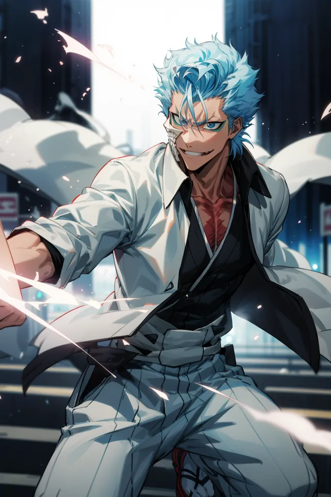 The image contains a man with blue hair and a white coat. He is wearing a black shirt and white pants. He has a skull mask on his face and is surrounded by white particles. He is standing in a city street with buildings in the background.