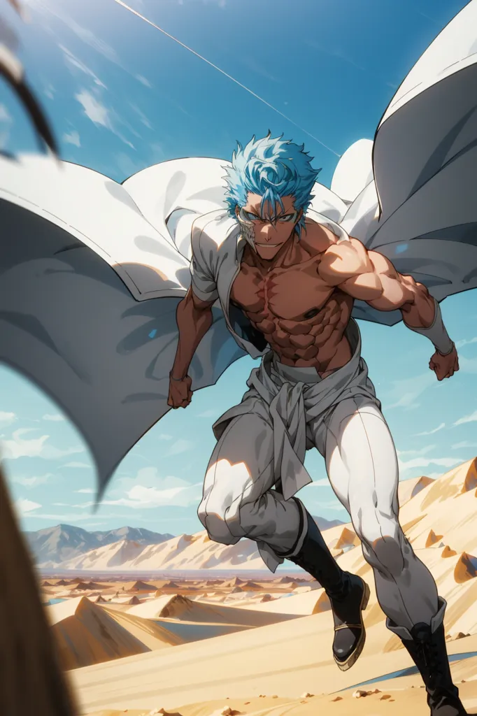The image is of a muscular man with blue hair and white clothes. He is standing in a desert landscape, with a large white cloak billowing behind him. The man has a determined expression on his face, and it looks like he is about to engage in a fight.