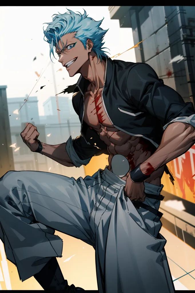 The image is of a young man with blue hair and light blue eyes. He is wearing a black jacket with white trim and gray pants. The jacket is open, showing his muscular chest and abdomen. He has a white belt around his waist and a black glove on his right hand. He is standing in a fighting stance, with his left fist raised and his right hand on his belt. His expression is one of determination and ferocity. The background is a blur of gray and black, with some red accents.