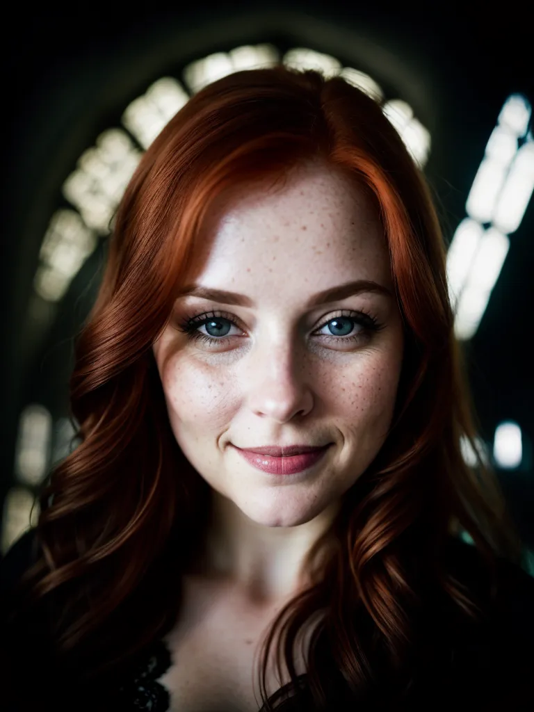 The image shows a young woman with long, red hair and blue eyes. She has a few freckles on her face and is smiling. She is wearing a black dress with a white collar. The background is blurry, but it looks like she is in a room with a stained glass window.