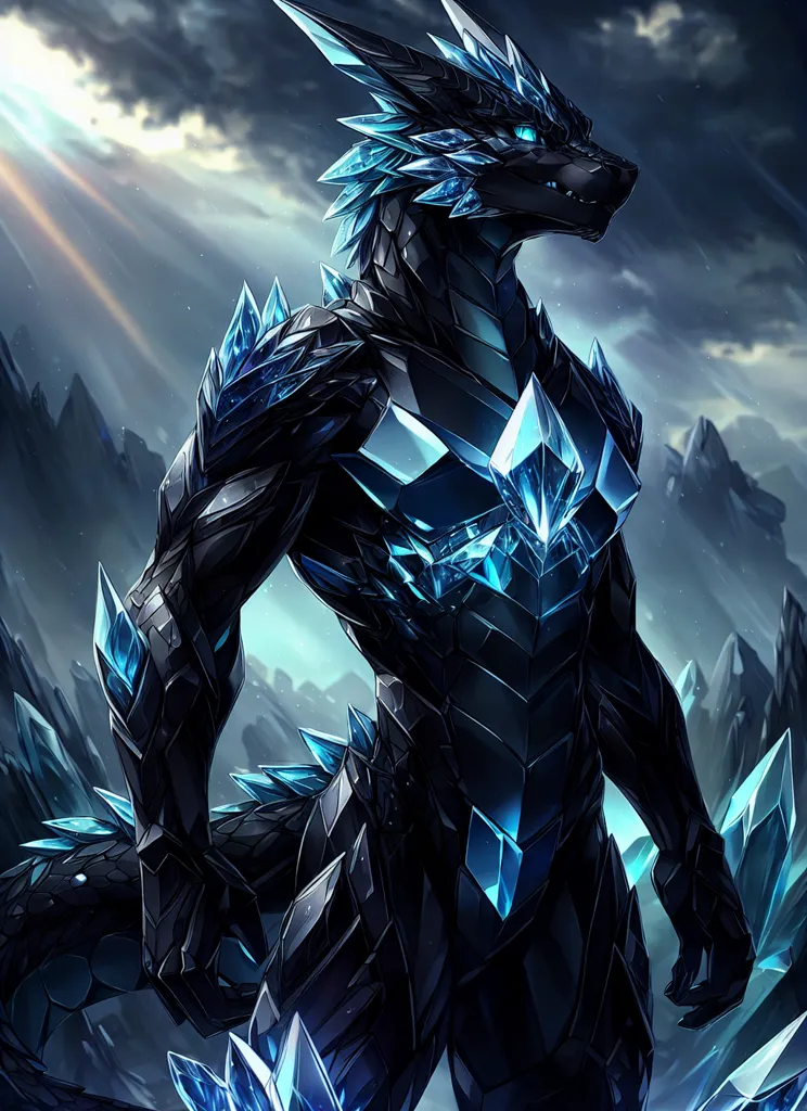 The image is of a muscular, bipedal, dragon-like creature with dark blue scales and glowing blue eyes. It is wearing a suit of black armor with blue crystal accents, and it is standing in a mountainous landscape. The creature is standing on its hind legs, with its tail curled behind it. Its head is turned to the left, and it is looking at the viewer with a fierce expression. The background of the image is a dark, cloudy sky, with mountains in the distance.