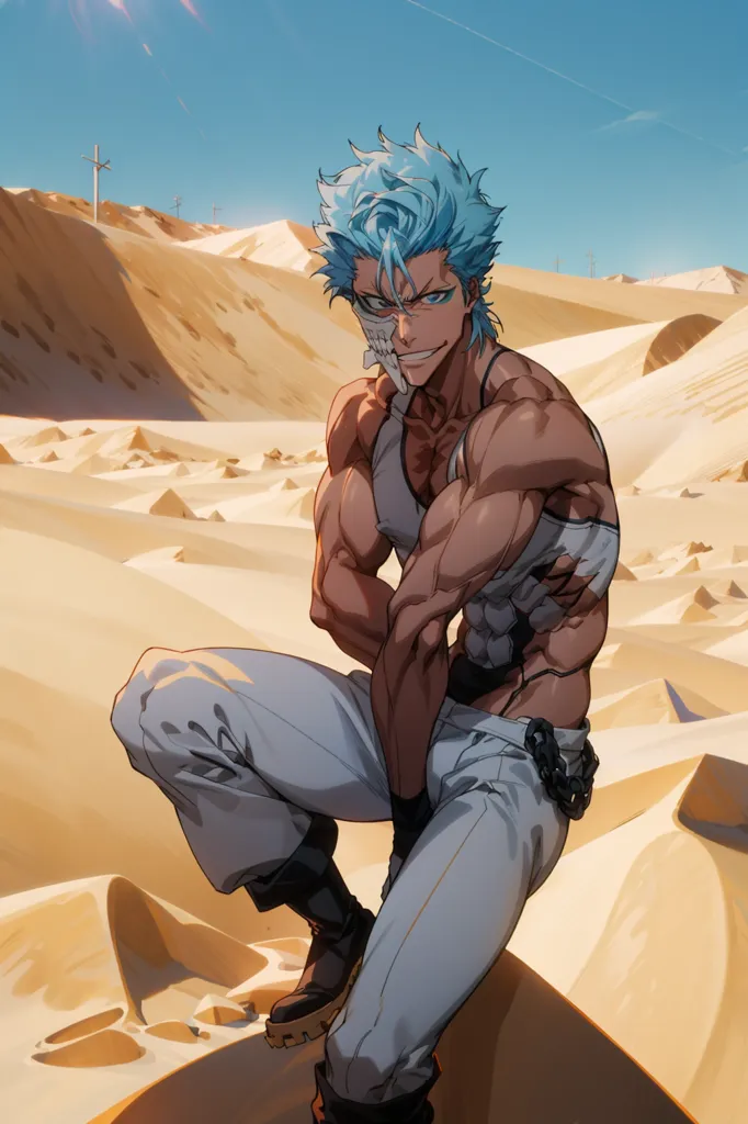 The image is of a muscular man with blue hair and a white mask over his mouth. He is wearing a white tank top and gray pants. He is kneeling on a rock in the middle of a desert. The background is a vast desert with sand dunes and a clear blue sky. The man has a determined expression on his face and seems to be ready for a fight.