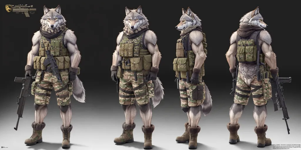 The image depicts a muscular wolf in military gear. The wolf is standing on all fours and is wearing a camouflage vest, a backpack, and a pair of boots. It also has a gun slung over its shoulder. The wolf's fur is gray and black, and its eyes are yellow. The background of the image is a dark gray.