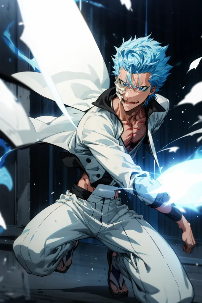 The image contains a man with blue hair and a white coat. He is in a fighting stance, with his right hand outstretched and his left hand holding a sword. His coat is open, revealing his muscular chest. He has a skull-like mask on his face, and his eyes are glowing blue. The background is dark, with white lines of energy flowing around the man.