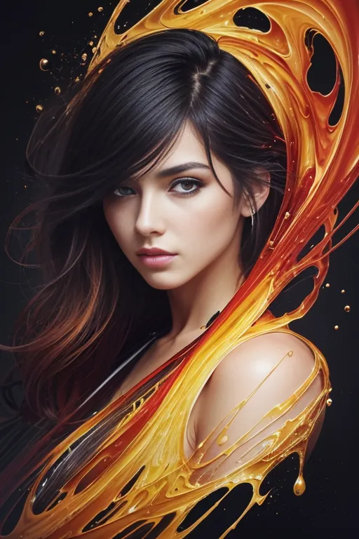 The image is a portrait of a beautiful woman with long, flowing hair. She has brown eyes and a perfect complexion. She is wearing a black dress with a plunging neckline. There is a golden liquid or metal substance flowing over her shoulder and down her chest. She is looking at the viewer with a serious expression. The background is black.