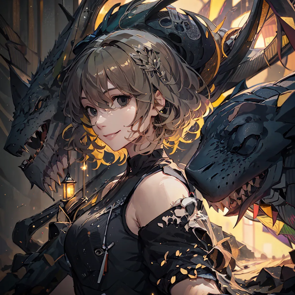 Une illustration de style anime d'une jeune femme aux cheveux bruns courts et aux yeux verts. Elle porte une robe noire avec un col blanc et une veste noire. Elle a un sourire confiant sur son visage et se tient devant un fond sombre avec deux dragons, l'un noir et l'autre blanc, de chaque côté d'elle.