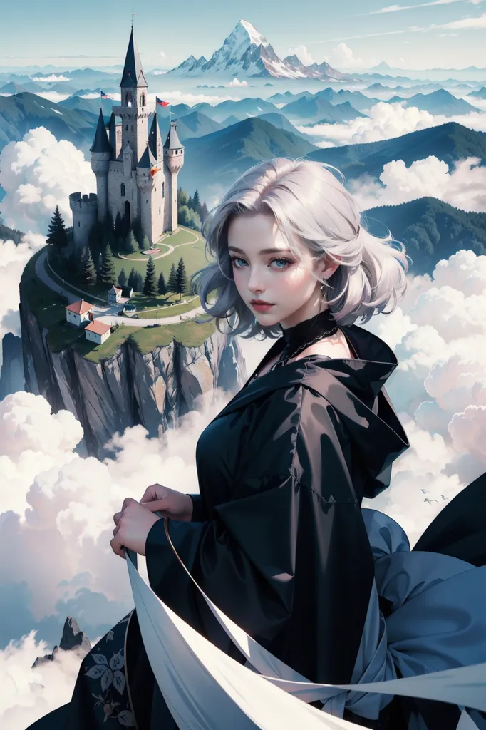 La imagen es una pintura de una hermosa mujer con el cabello blanco y ojos azules. Ella está usando un vestido negro con un cuello blanco. Ella está de pie frente a un gran castillo que se encuentra en la cima de un acantilado. Hay montañas en el fondo y nubes debajo de ella.