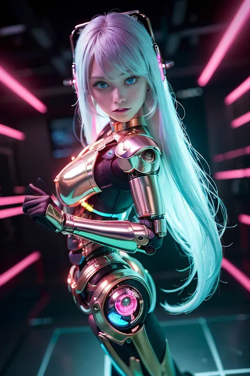 La imagen es de un robot femenino con el cabello largo blanco y azul. Lleva un traje de cuerpo negro y dorado con un exoesqueleto metálico dorado. Tiene ojos azules y una expresión neutra en su rostro. Está de pie en una habitación oscura con luces brillantes que se reflejan en su cuerpo. Hay luces rosa y azul brillantes en el fondo.