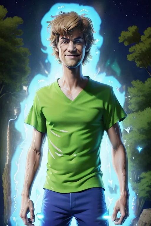 The image shows a realistic version of Shaggy from Scooby-Doo. He is standing in a forest, surrounded by a blue aura. He is wearing a green t-shirt and blue pants, and he has his signature shaggy hair. He has a confident smile on his face, and his eyes are glowing blue. There is a bright light in the background.