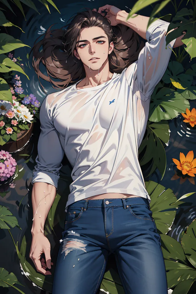 This is an image of a man lying in a pond. He is wearing a white shirt and blue jeans. The shirt is wet and clinging to his body. His hair is long and dark, and his eyes are closed. He is surrounded by green leaves and flowers. The water is clear and still. The man's expression is peaceful and serene.