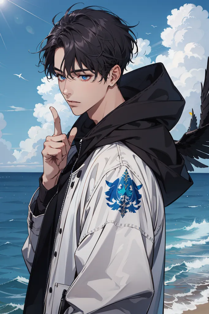 The image is a painting of a young man with black hair and blue eyes. He is wearing a white jacket with a blue and white emblem on the sleeve. The jacket is unzipped, showing a black shirt underneath. He has a black glove on his right hand and is pointing with his index finger. He has a pair of black wings. He is standing on a beach, with the ocean behind him. The sky is blue and there are white clouds.