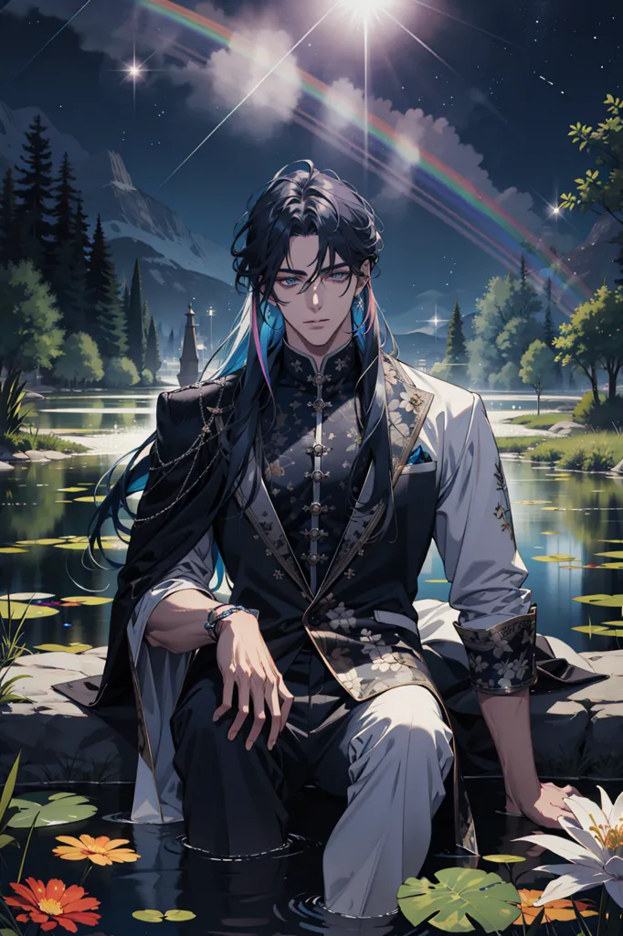 The image is of a young man with long black hair sitting on a rock in a lake. He is wearing a black and white suit with a white undershirt. The suit has gold and silver accents. He has a gold bracelet on his right wrist. His feet are bare. The lake is surrounded by trees and mountains. There is a rainbow in the sky. The man is looking at the viewer with a serious expression.