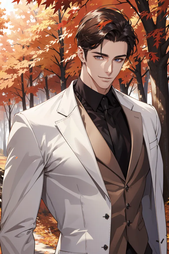 The image shows a handsome young man with brown hair and blue eyes. He is wearing a white suit jacket and a brown vest. He is standing in a forest, and the leaves on the trees are turning red and orange. The background is blurred, and the man is looking at the camera with a slight smile on his face.