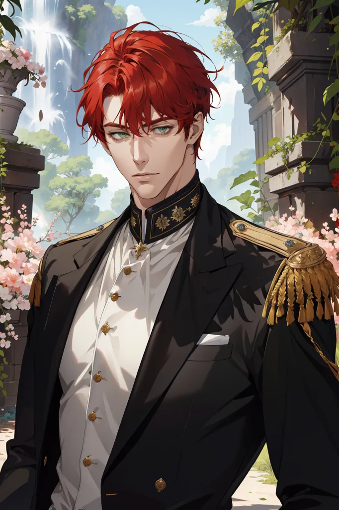 This is a picture of a man with red hair and green eyes. He is wearing a black suit with gold epaulettes and a white rose boutonniere. He is standing in front of a stone wall with a waterfall and trees in the background.